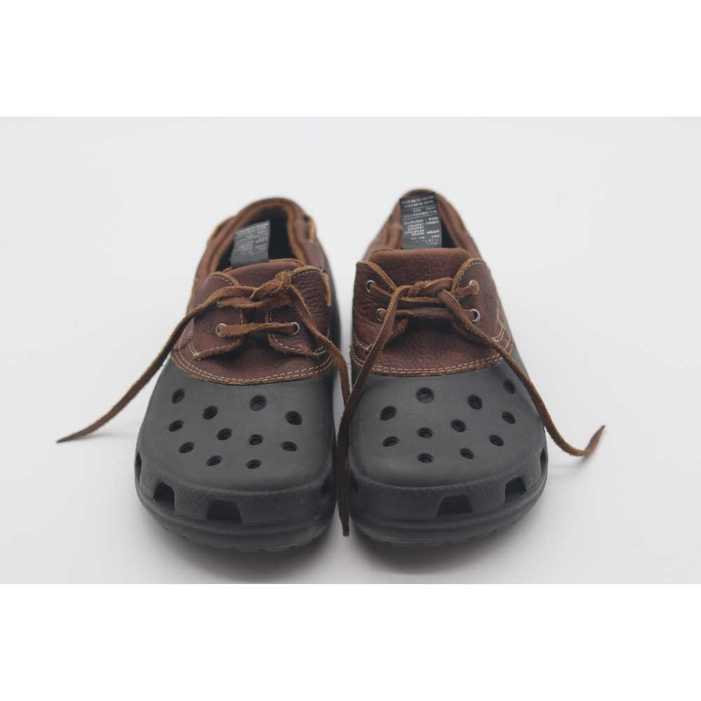 Crocs Leather Boat Shoe Clogs Brown Black Mens 6 Womens 8 Water Resistant Hybrid
